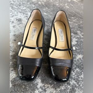 Jimmy Choo Elisa 45 Black Napa and Patent Leather Ballerina Pumps